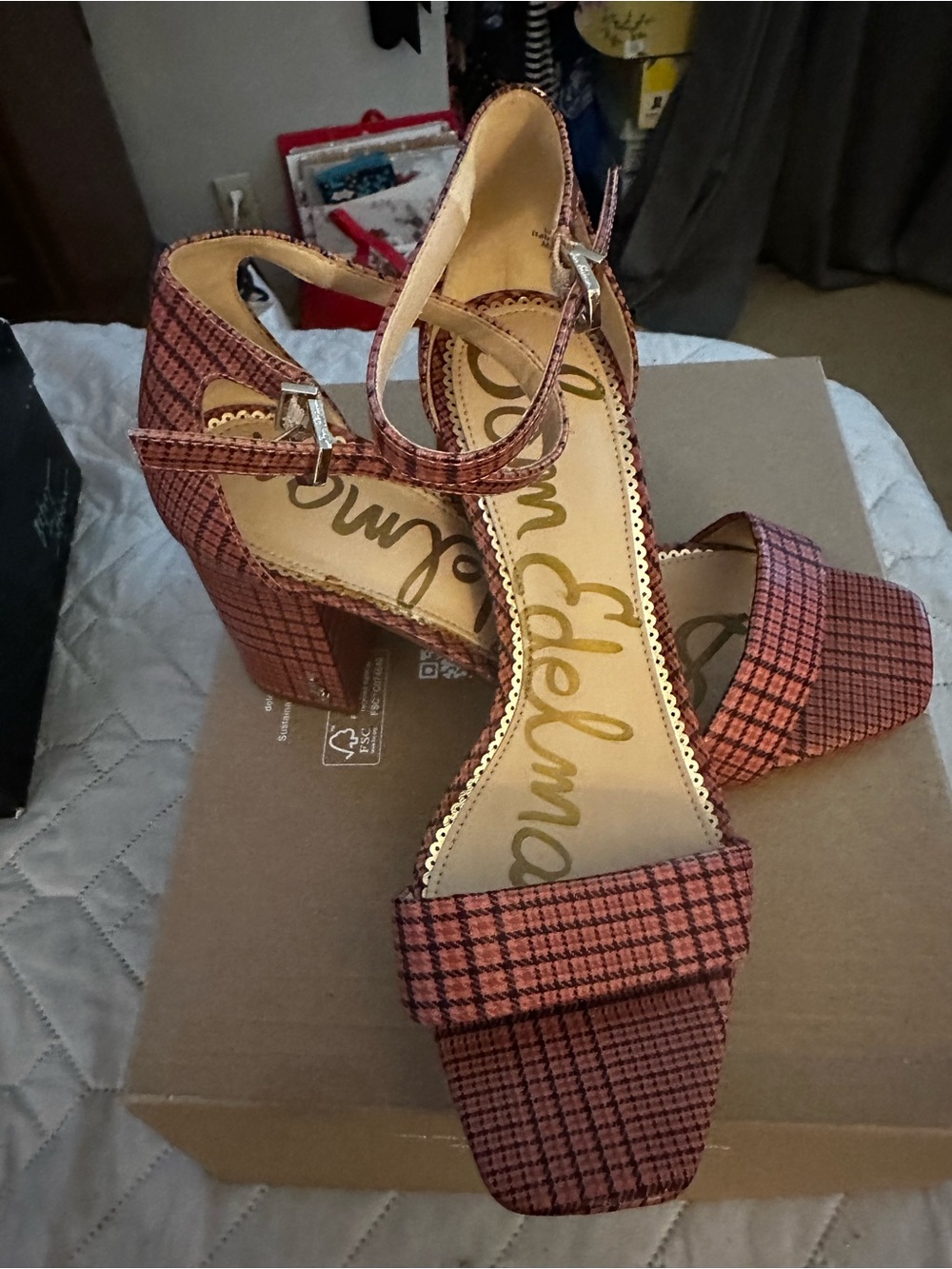 Sam Edelman Pink Plaid Block Heel Sandals
